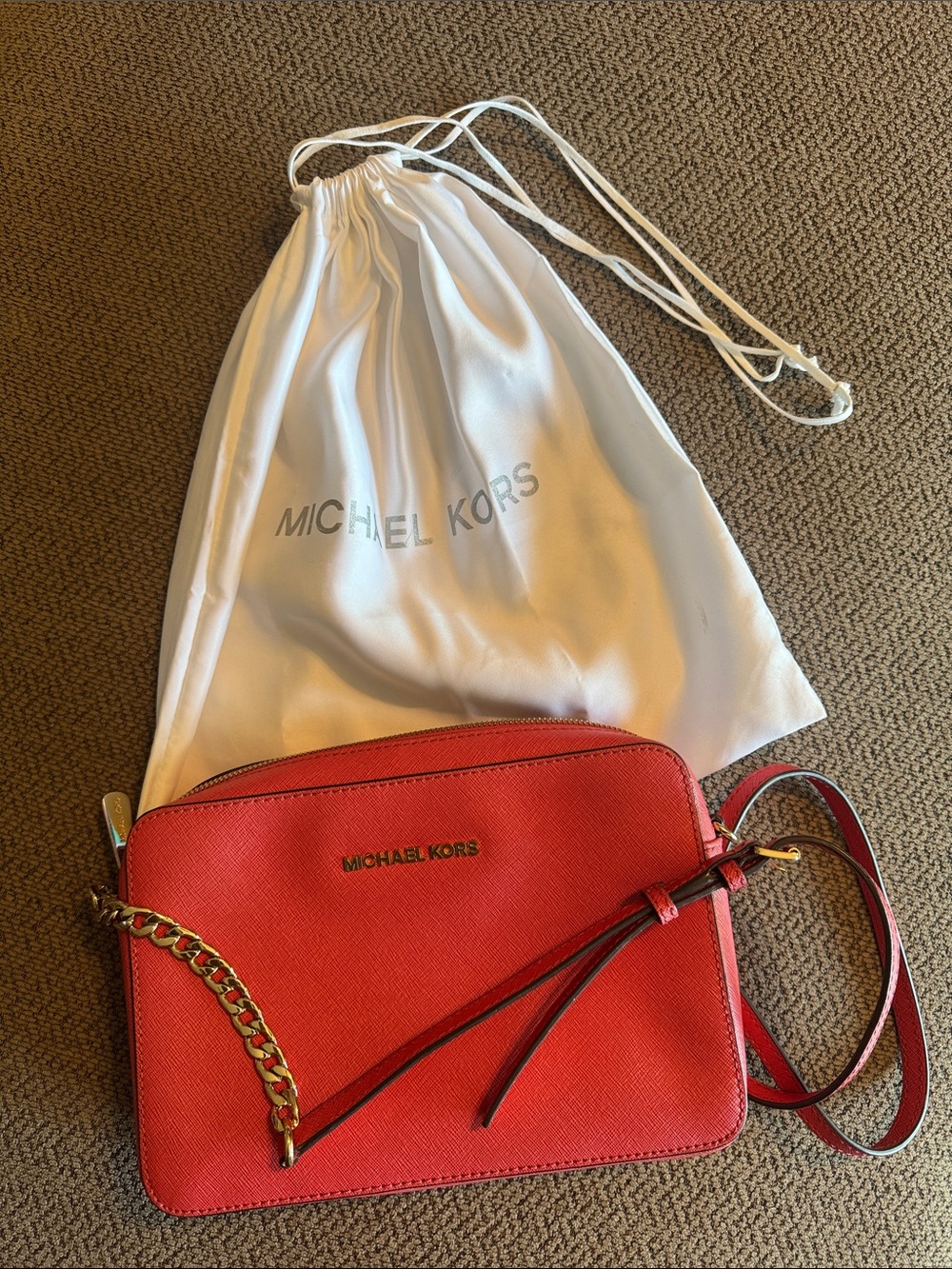Michael Kors Coral-Red Saffiano Crossbody Camera Bag